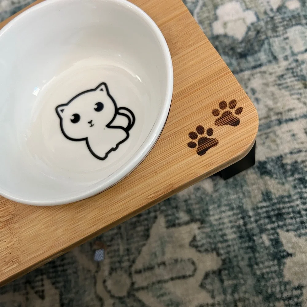 White Ceramic Cat Bowls on Bamboo Tray